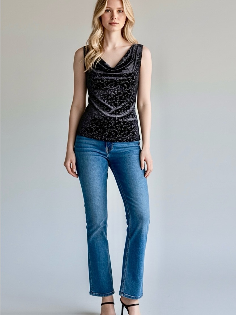 Vintage Y2K Black Velvet Cowl Neck Floral Glitter Sleeveless Top | S
